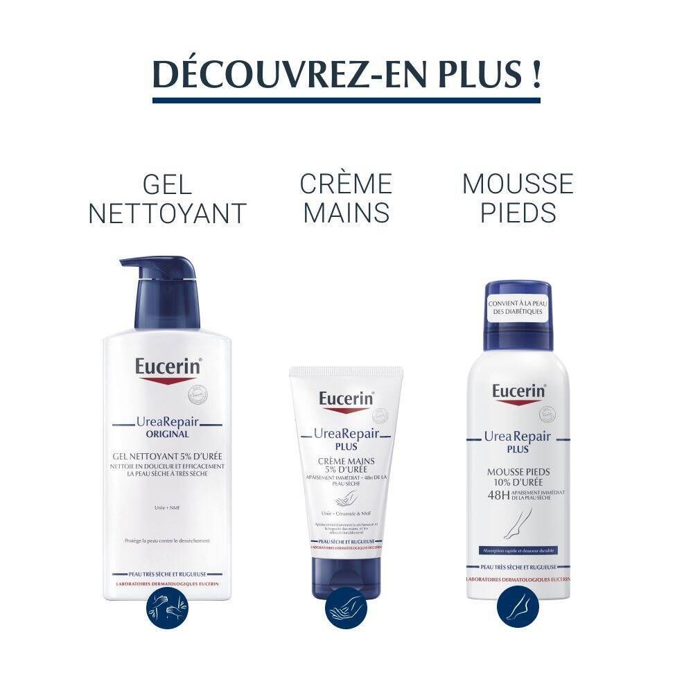 Produits Eucerin : Gel nettoyant, crème pour les mains, mousse pour les pieds. Tous avec des bouchons bleus et des tubes/flacons blancs.