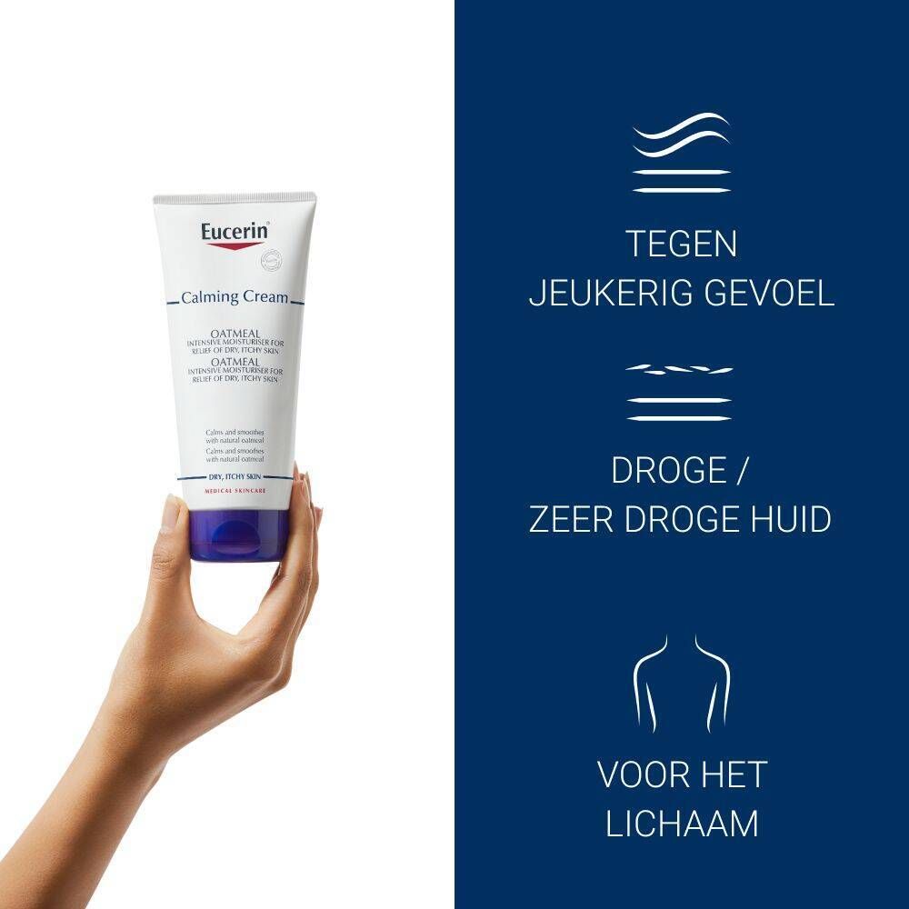 Hand houdt Eucerin Calming Cream tube vast. Tekst: Tegen jeuk, droge/zeer droge huid, voor het lichaam.