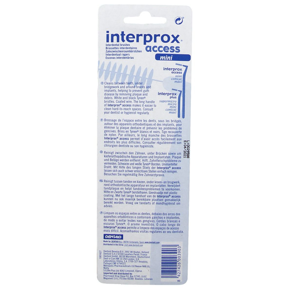 Achterkant van de blisterverpakking met productinformatie. Tekst in meerdere talen. Logo "interprox access mini".
