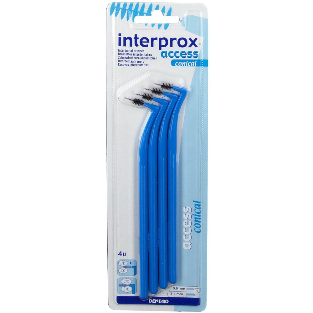 Blister pack avec brosses interdentaires bleues. Soies noires, forme conique. Marque Interprox Access.
