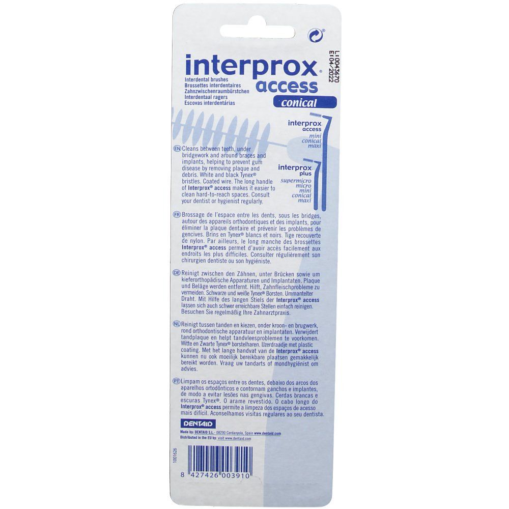 Dos de l'emballage avec informations produit. Texte en plusieurs langues. Marque Interprox Access.