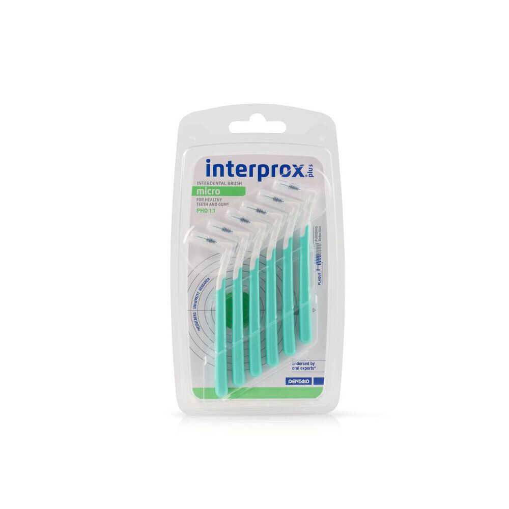 Paquet de brosses Interprox Plus Micro. Soies vertes et blanches, emballage transparent. Marque visible.