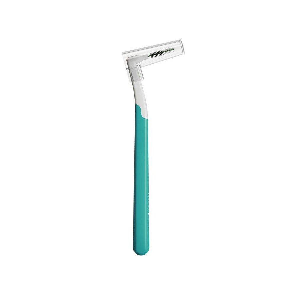 Brosse Interprox Plus Micro. Manche vert, tête blanche avec soies. Capuchon de protection transparent.