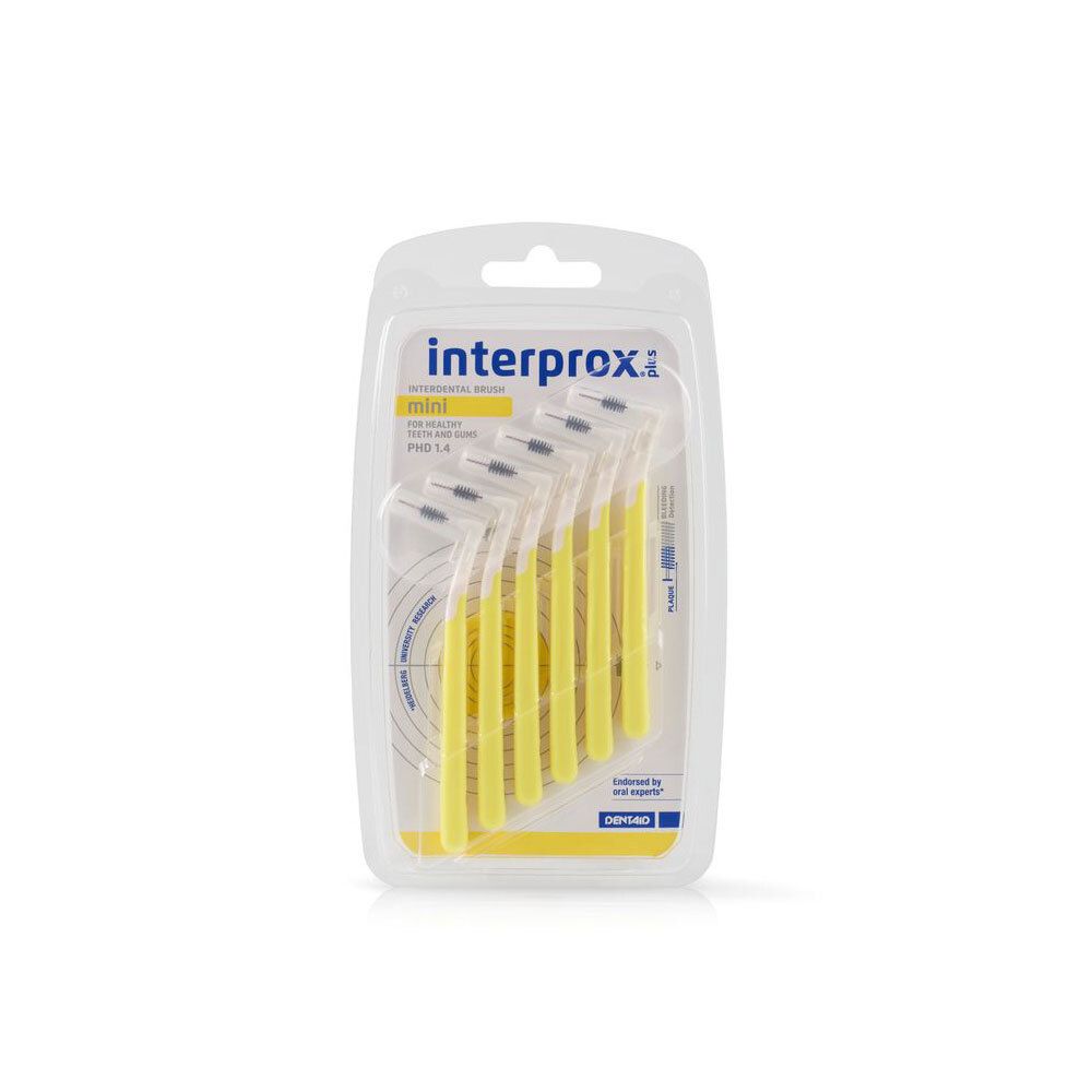 Paquet de 6 mini-brosses Interprox Plus jaunes. Vue du produit.