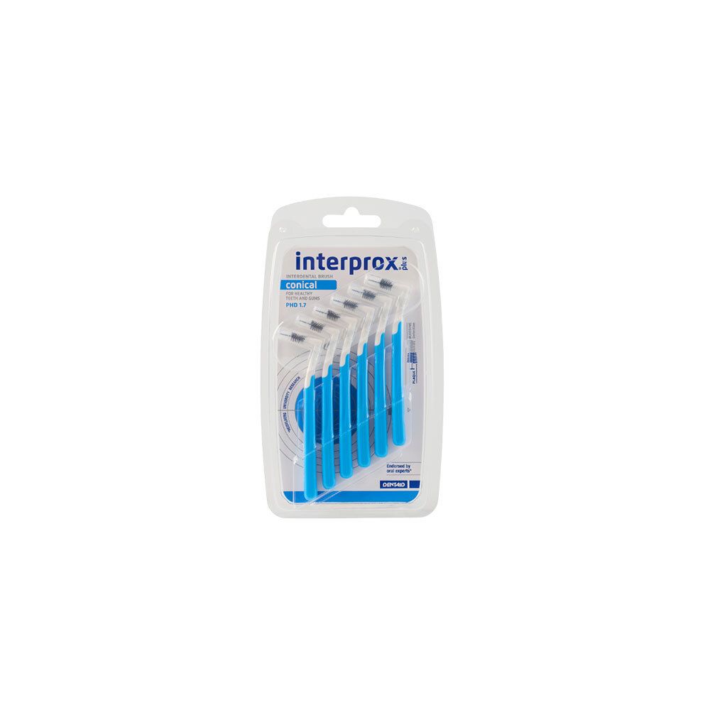 Blister pack de brosses interdentaires coniques bleues. Visible : marque, nom du produit.