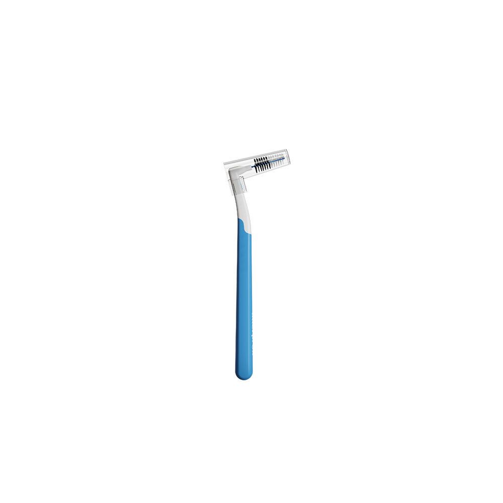 Brosse interdentaire conique bleue. Tête de brosse avec poils, manche.