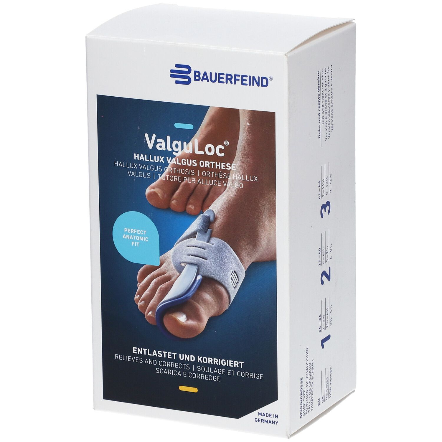 Boîte Bauerfeind ValguLoc Orthèse Hallux Valgus Droit Taille 2. Image du produit sur l'emballage. Inscription: Soulage et corrige.