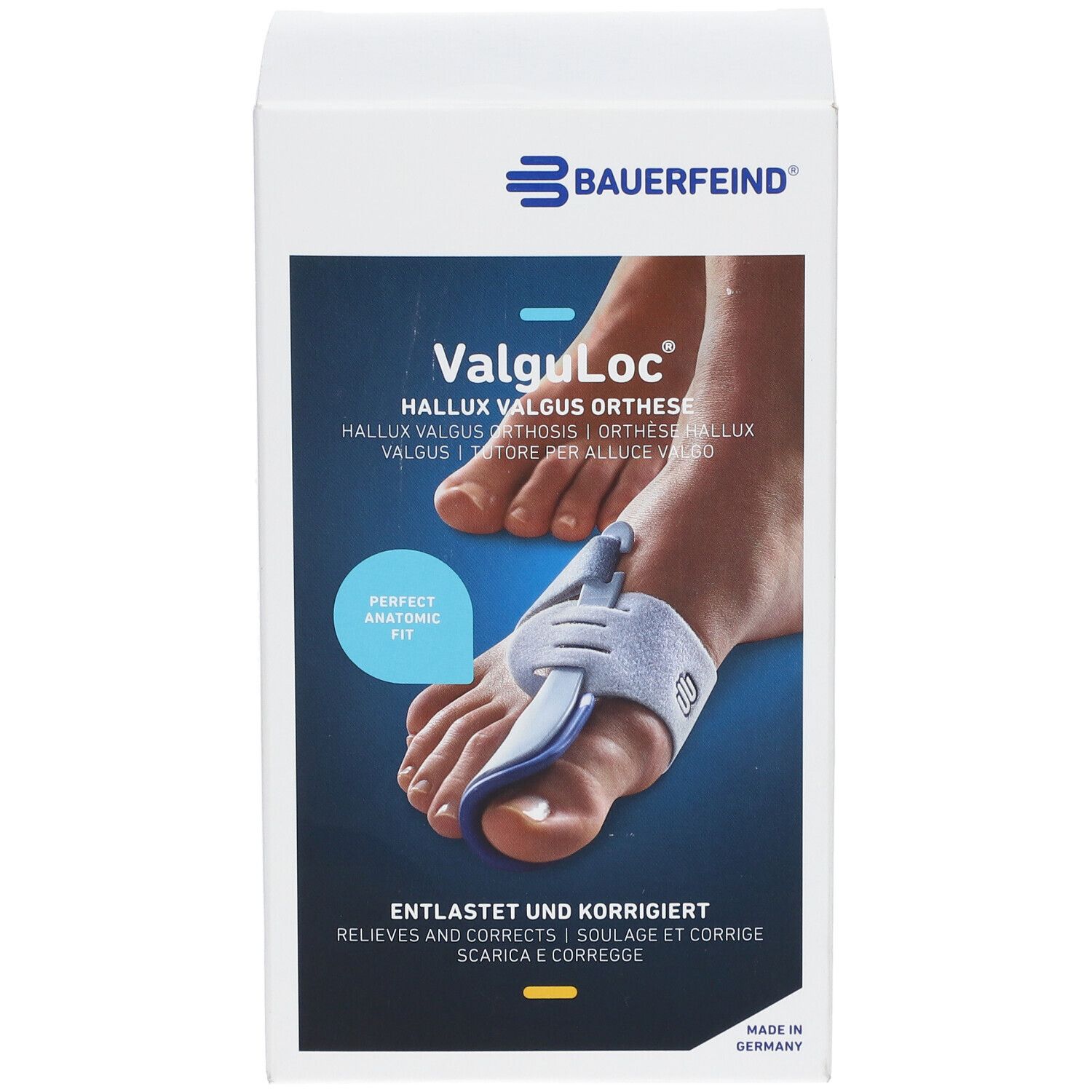 Boîte Bauerfeind ValguLoc Orthèse Hallux Valgus Droit Taille 2. Image du produit. Inscription: Soulage et corrige.