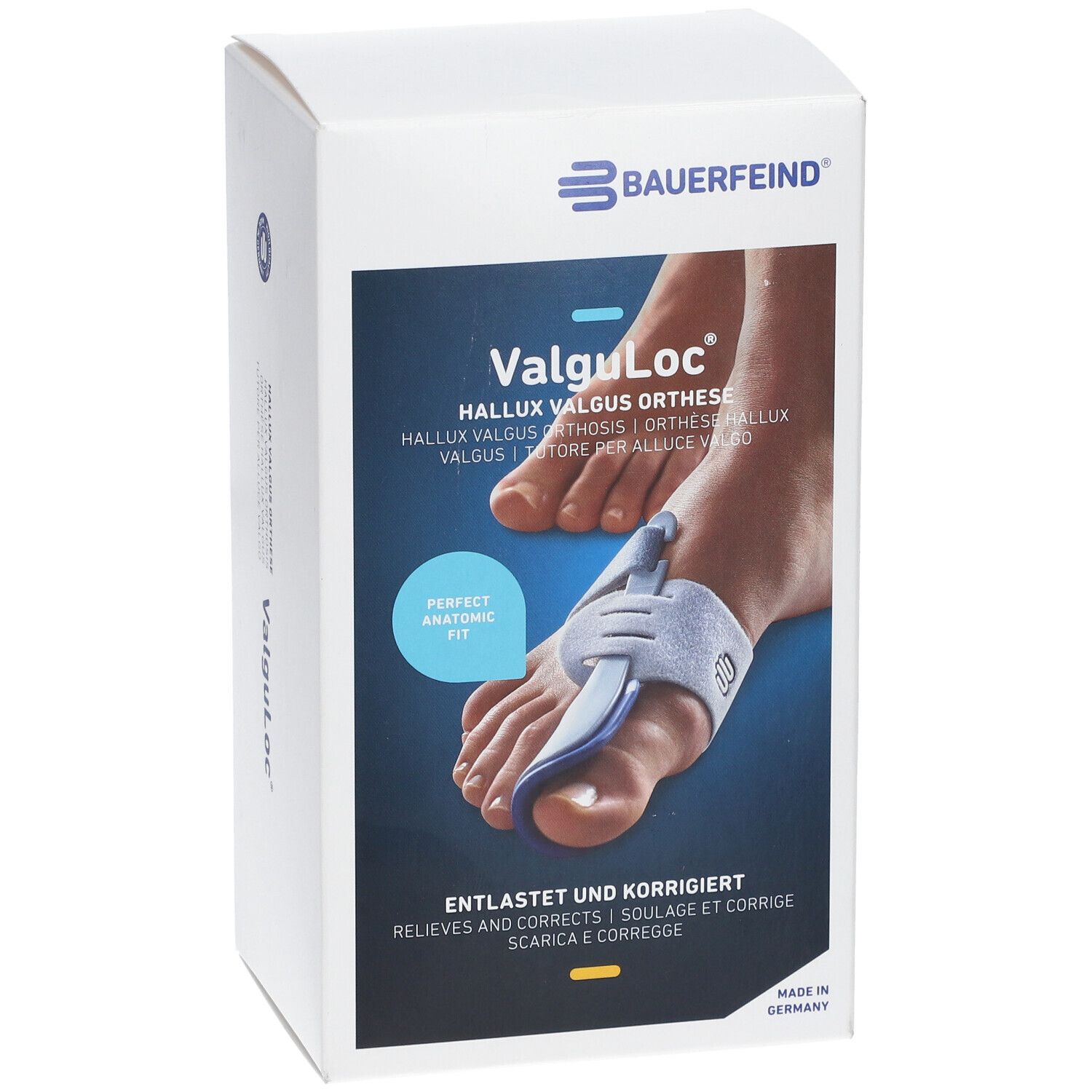Boîte Bauerfeind ValguLoc Orthèse Hallux Valgus Droit Taille 2. Image du produit. Inscription: Soulage et corrige.