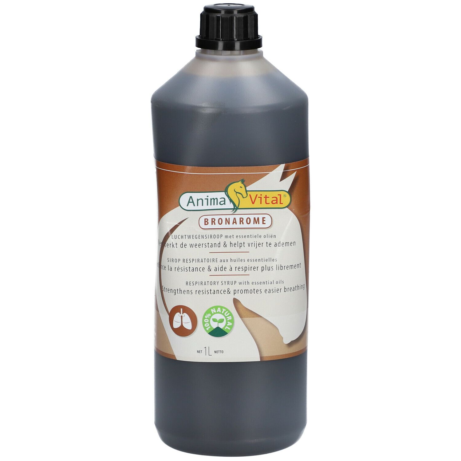 Bruine fles met zwarte dop. Etiket met productnaam en logo. Tekst in het Nederlands, Frans en Engels. 1L.