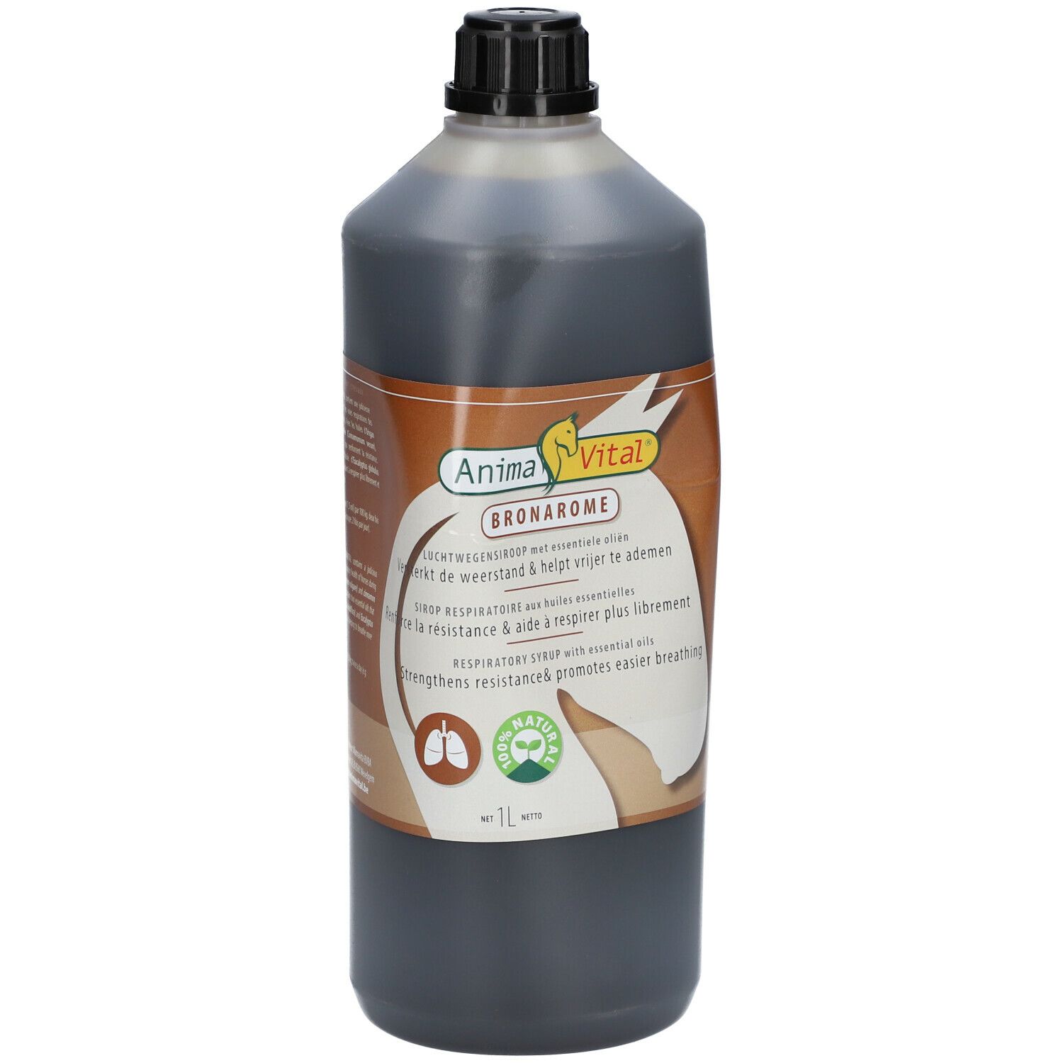 Bruine fles met zwarte dop. Etiket met productnaam en logo. Tekst in het Nederlands, Frans en Engels. 1L.