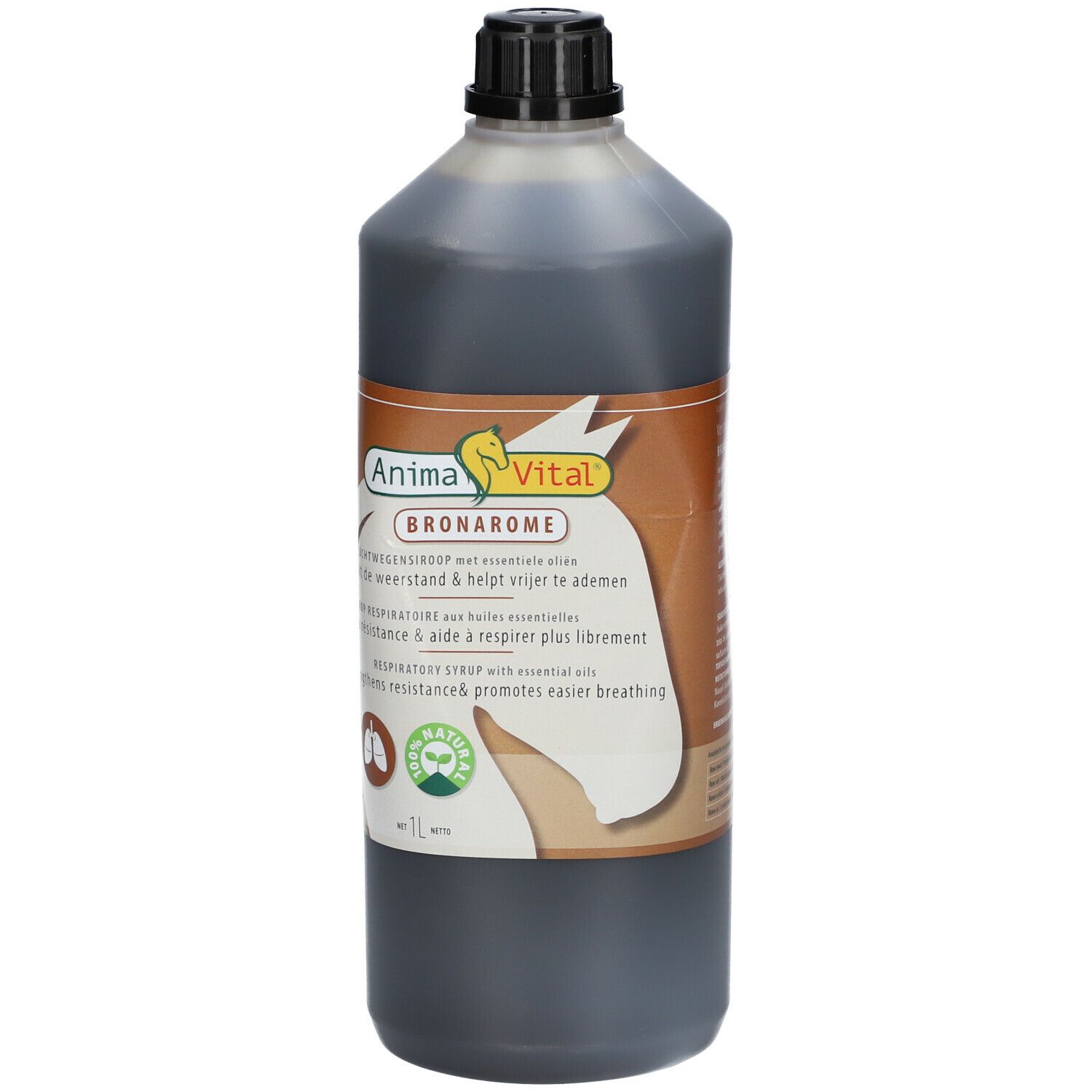 Bruine fles met zwarte dop. Etiket met productnaam en logo. Tekst in het Nederlands, Frans en Engels. 1L.