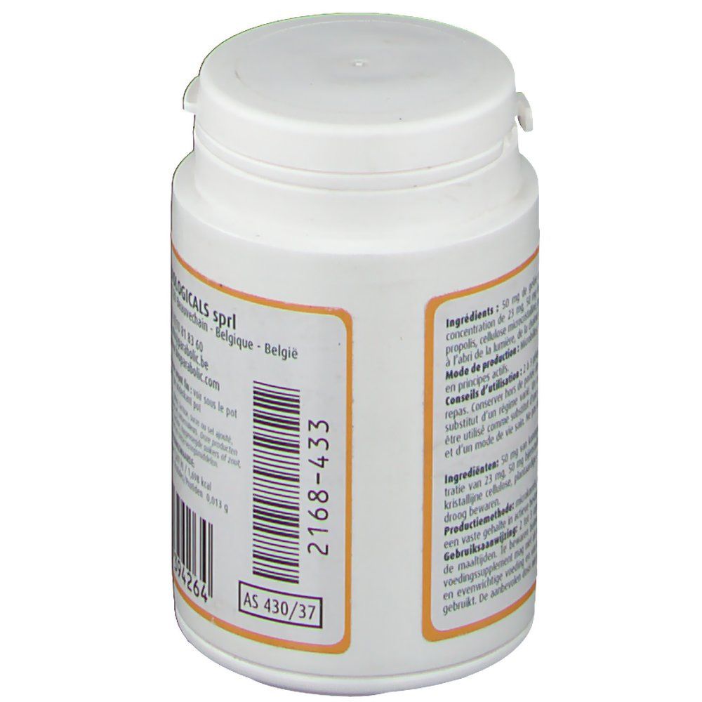 Boîte blanche avec étiquette orange. Texte: Parabolic Biologicals. Code-barres et numéro de lot.