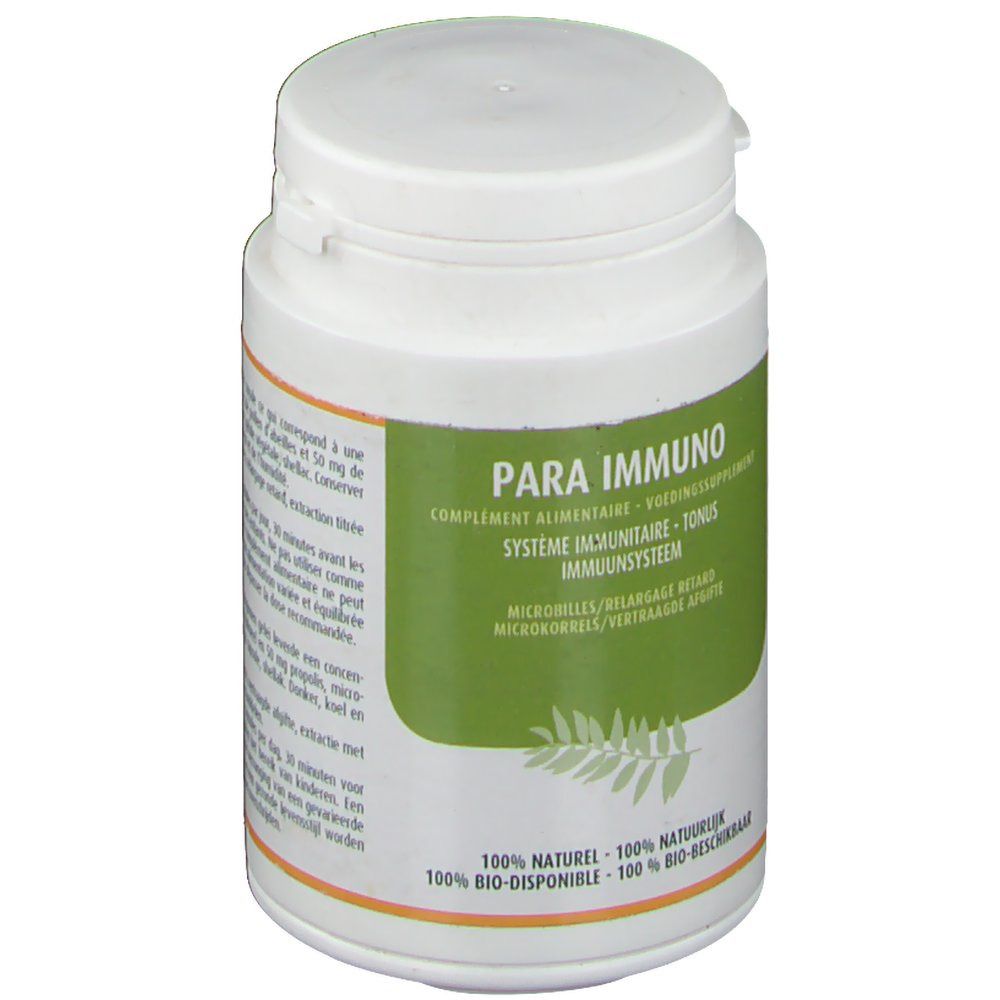 Boîte blanche avec étiquette verte. Inscription: Para Immuno. Complément alimentaire. 100% naturel, biodisponible.
