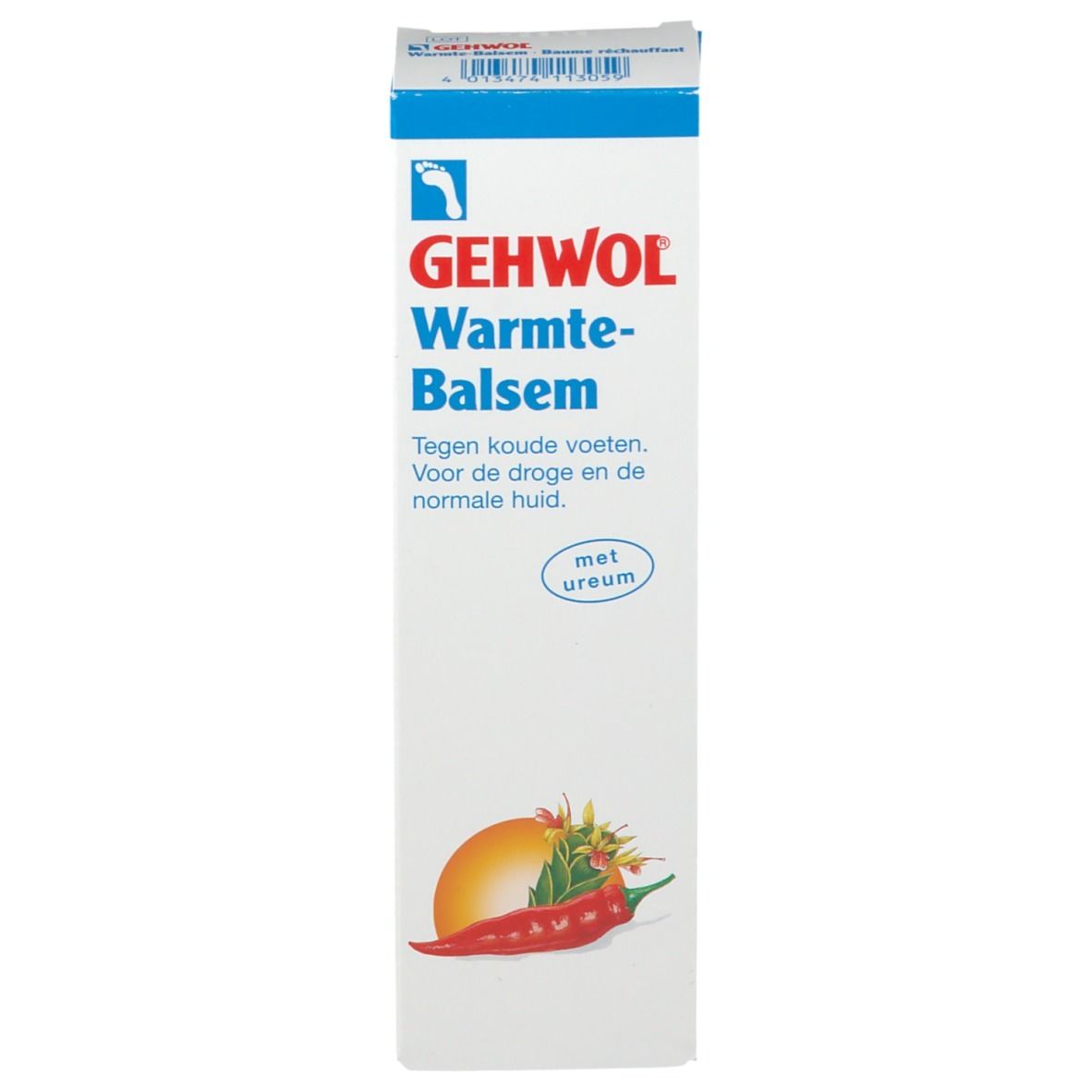 Boîte blanche. Gehwol Baume réchauffant. Illustration de piment et d'orange. Texte: avec urée, pour peaux sèches et normales.