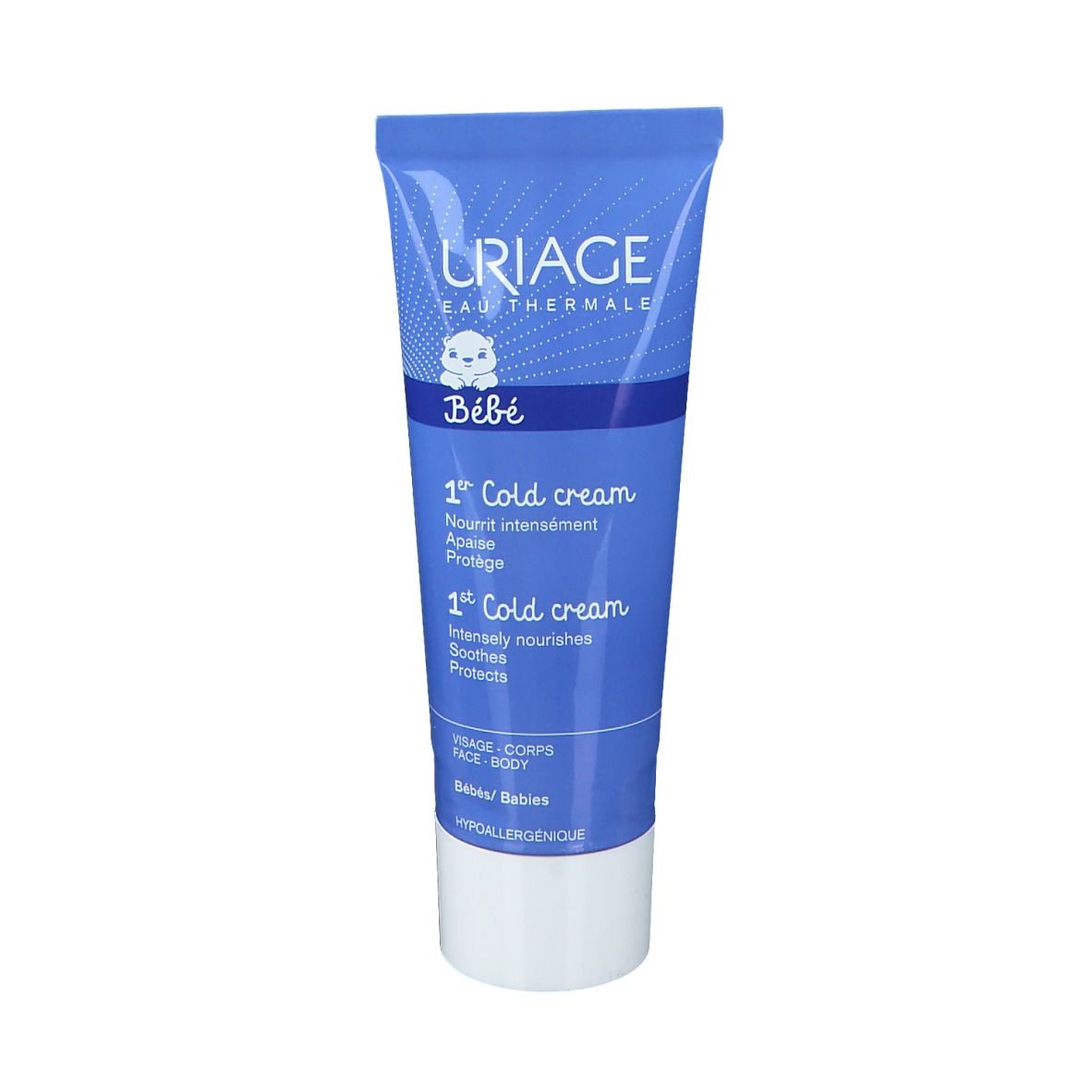 Blauwe tube met witte dop. URIAGE-logo en aanduiding '1st Cold cream' in het Frans en Engels. Voor gezicht en lichaam.