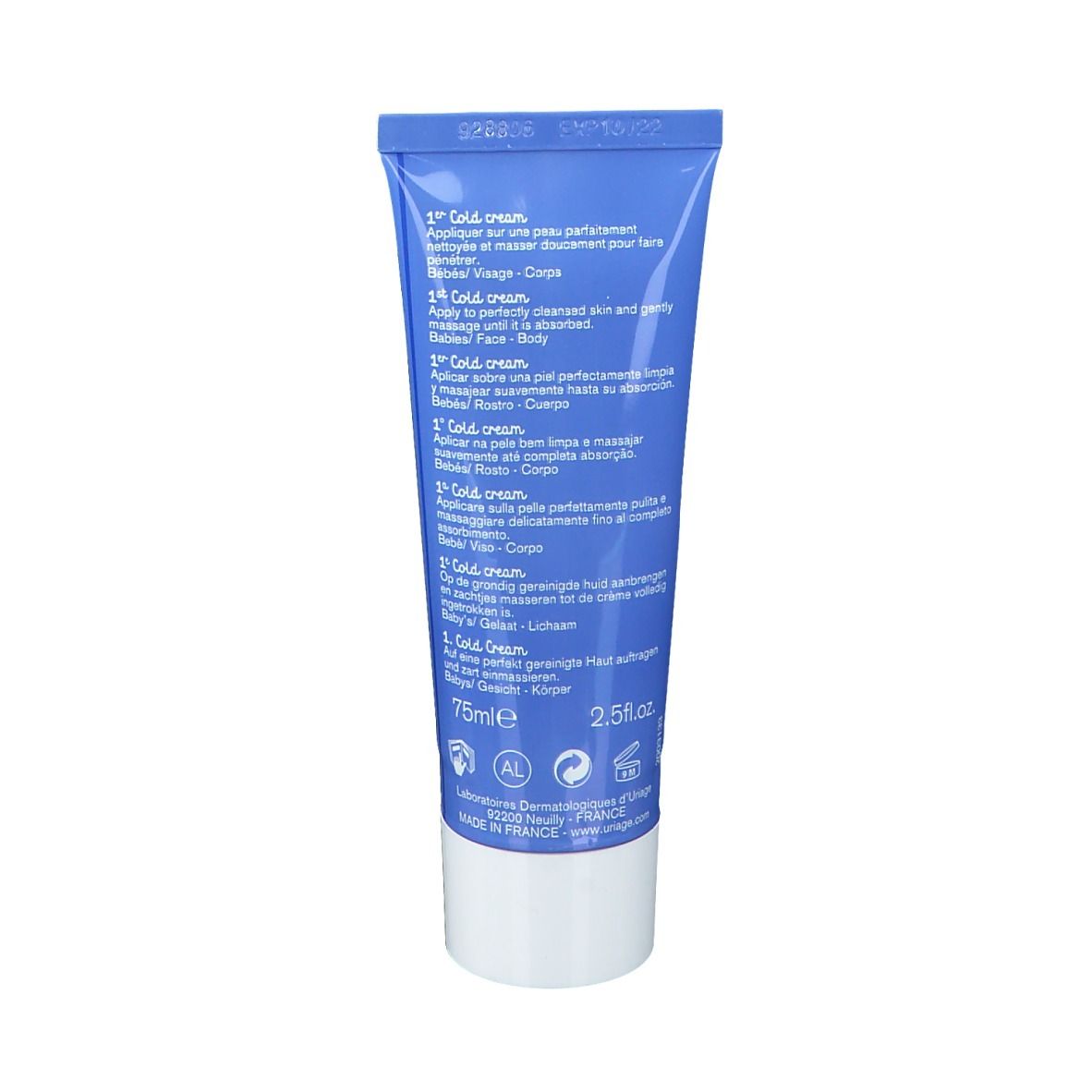 Achterkant van de blauwe tube. Meertalige tekst, waaronder '1st Cold cream'. Bevat informatie over gebruik en ingrediënten.