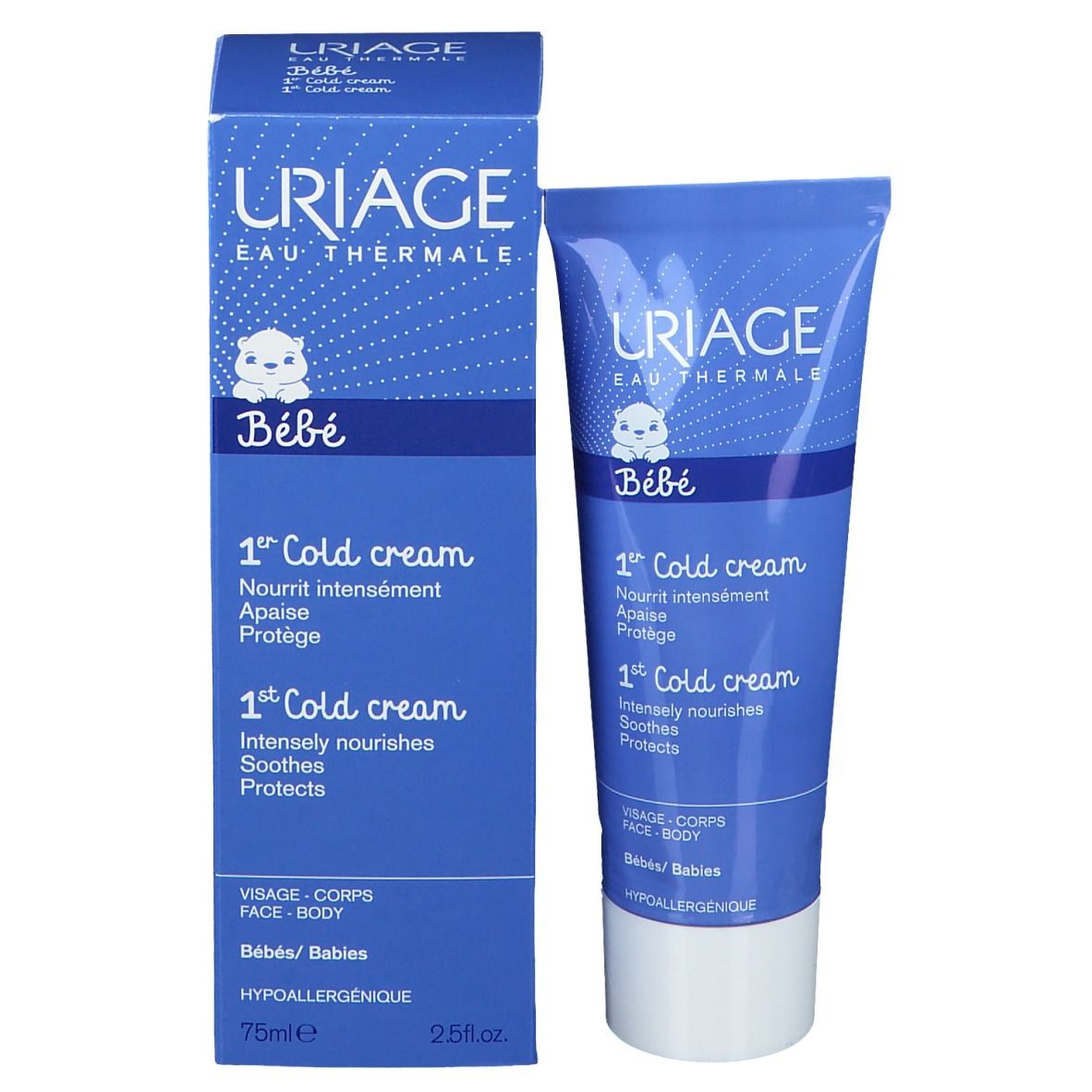 Productverpakking met tube en doos. Beide tonen het URIAGE-logo en '1st Cold cream'. Voor baby's.