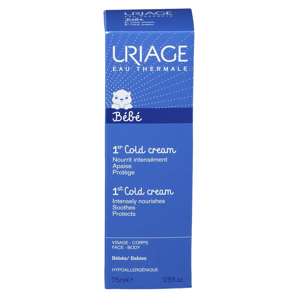 Blauwe verpakking met URIAGE-logo en '1st Cold cream'. Tekst in het Frans en Engels. Voor baby's.