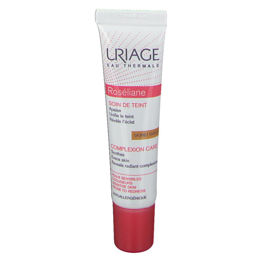 Tube Uriage Roséliane Soin de Teint Doré. Tube blanc et rose avec bouchon rouge. Texte: Roséliane, Soin de Teint, Doré/Gold, COMPLEXION CARE.