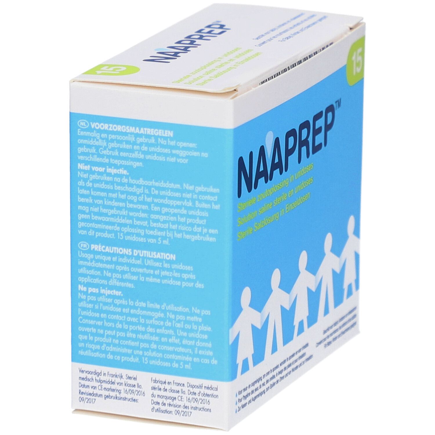 Naaprep-Verpackung, 15 Einzeldosen. Schachtel in Schrägansicht, blaue und weiße Farben, Produktname sichtbar.