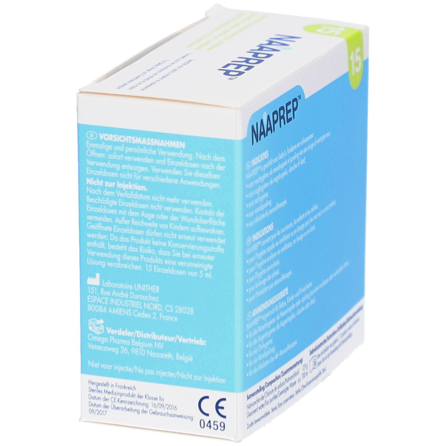 Naaprep-Verpackung, 15 Einzeldosen. Schachtel in Schrägansicht, blaue und weiße Farben, Text.