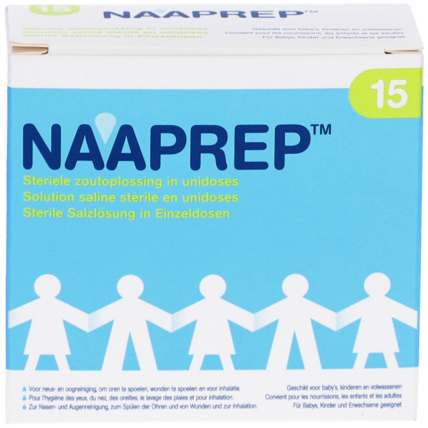 Naaprep-Verpackung, 15 Einzeldosen. Blaue und weiße Schachtel mit Produktnamen und Piktogramm von Personen.