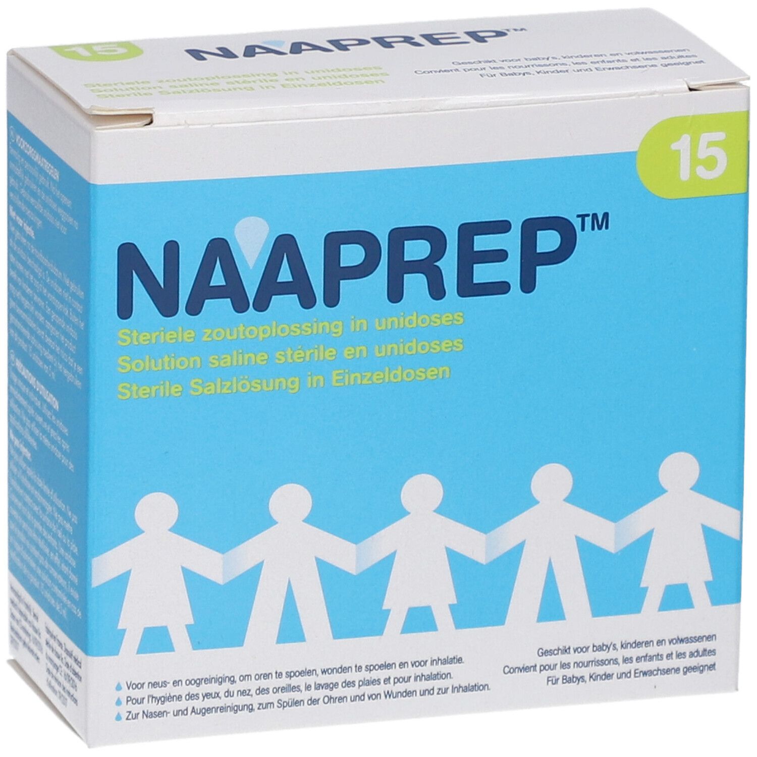 Naaprep-Verpackung, 15 Einzeldosen. Blaue und weiße Schachtel mit Produktnamen und Piktogramm von Personen.