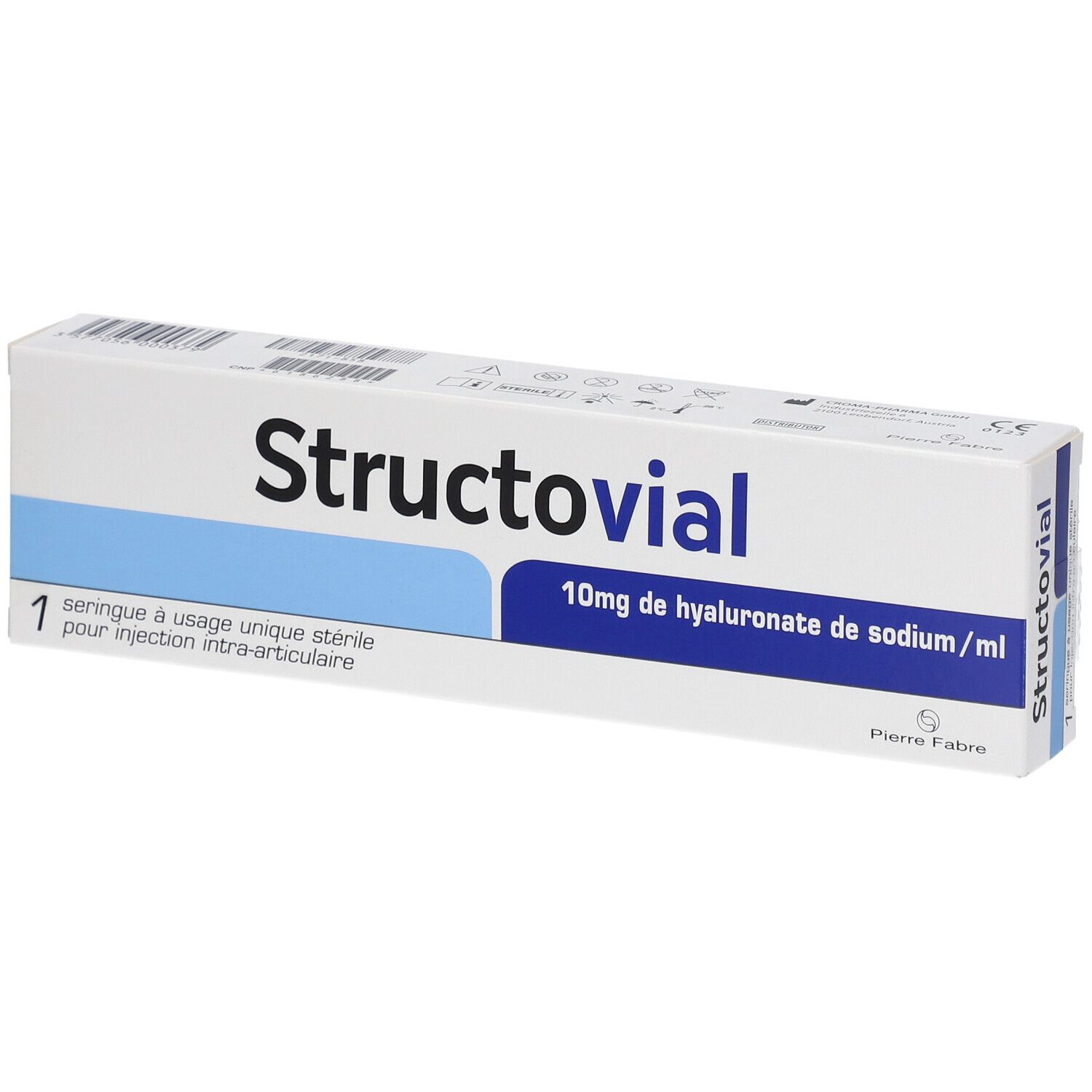 Boîte Structovial, 10mg hyaluronate/ml. Contient une seringue stérile à usage unique pour injection intra-articulaire.