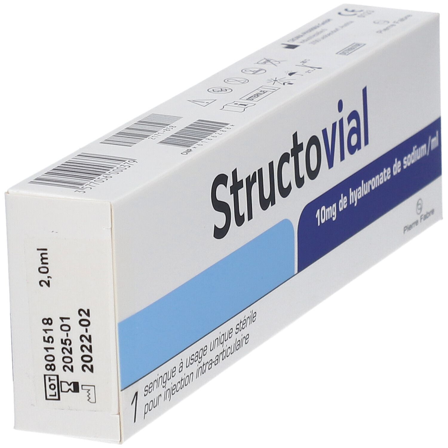 Boîte Structovial, 2,0 ml, avec numéro de lot et date de péremption. Contient une seringue stérile pour injection intra-articulaire.
