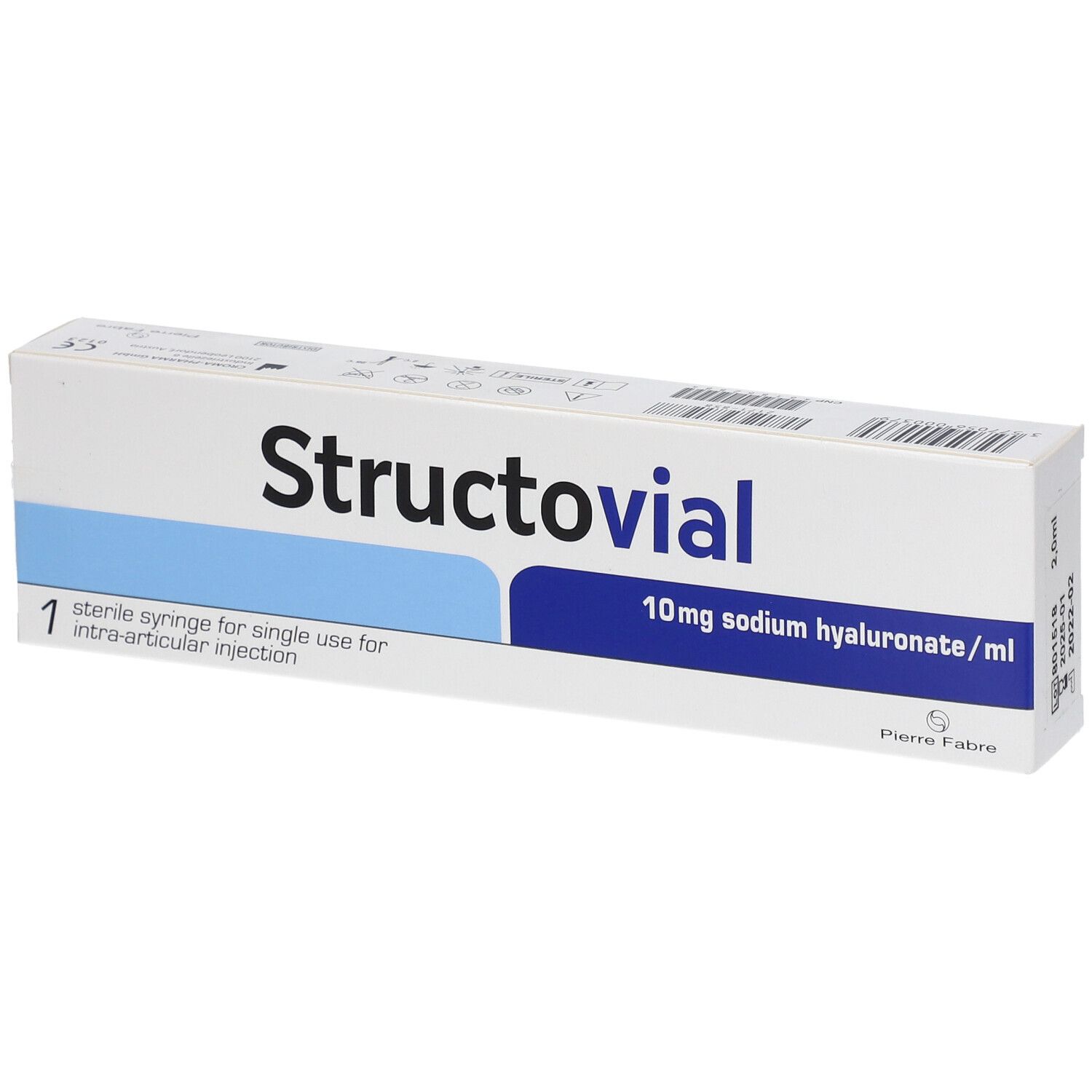 Boîte Structovial, 10mg hyaluronate de sodium/ml. Contient une seringue stérile pour injection intra-articulaire.