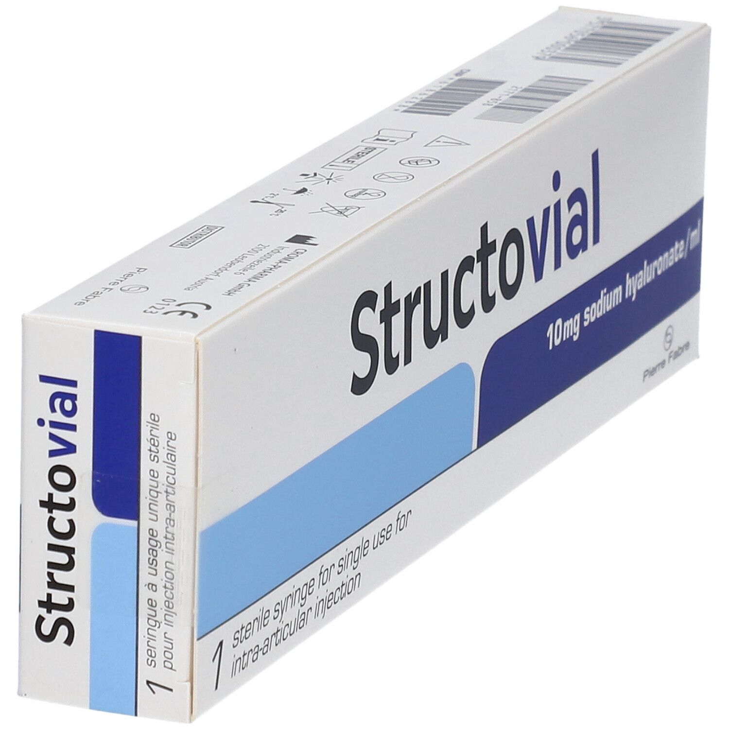 Boîte Structovial, 10mg hyaluronate de sodium/ml. Contient une seringue stérile pour injection intra-articulaire.