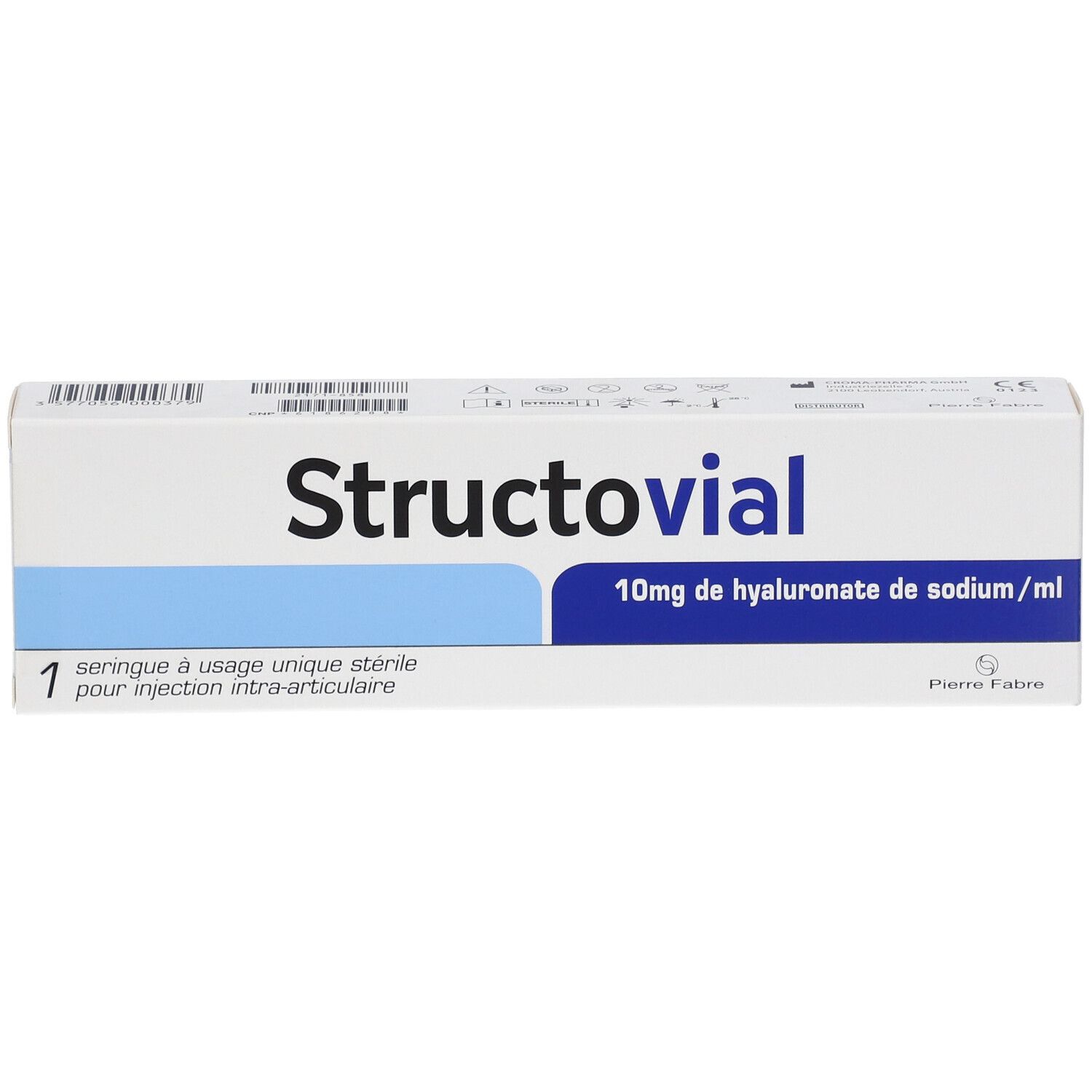 Boîte Structovial, 10mg hyaluronate/ml. Contient une seringue stérile à usage unique pour injection intra-articulaire.