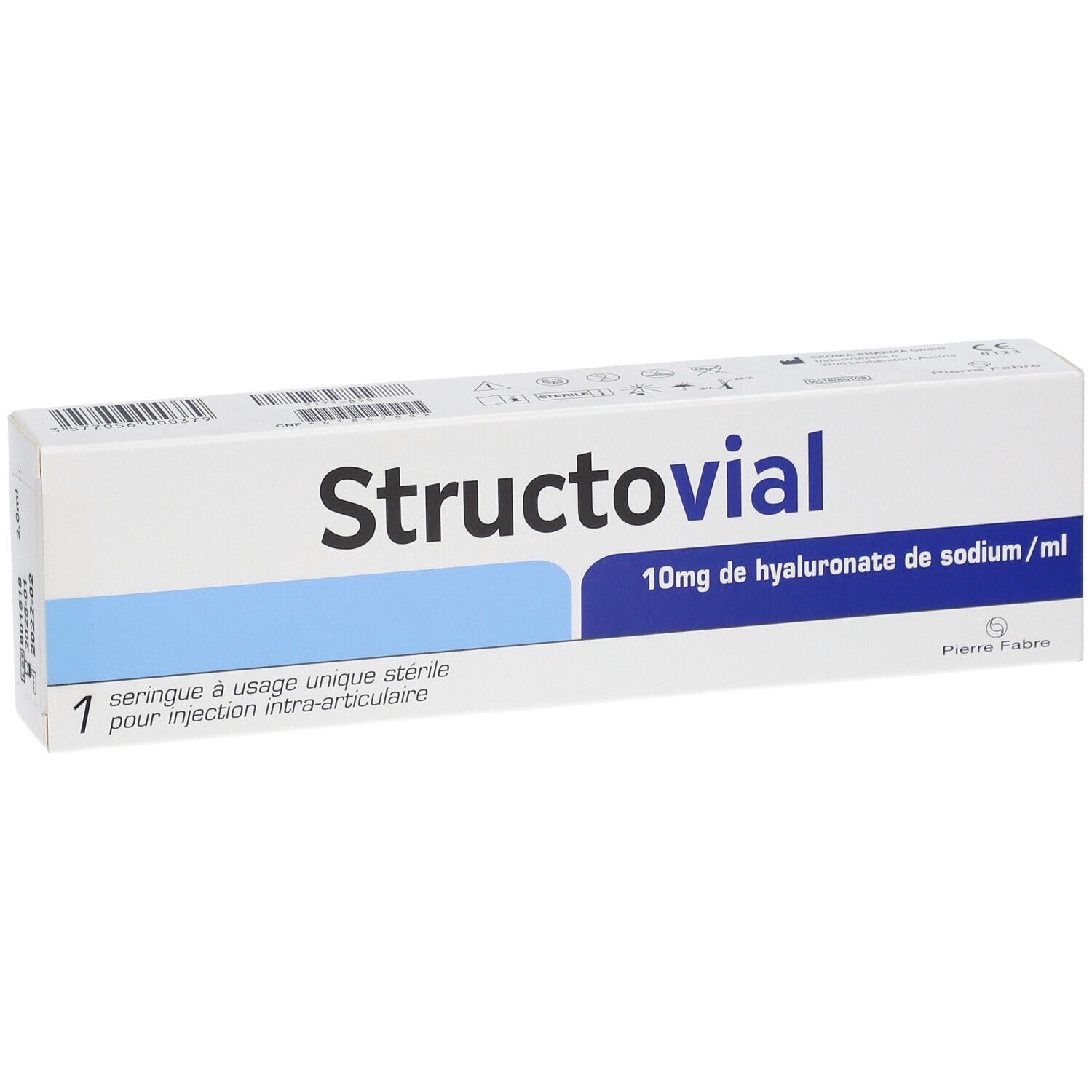 Boîte Structovial, 10mg hyaluronate/ml. Contient une seringue stérile à usage unique pour injection intra-articulaire.