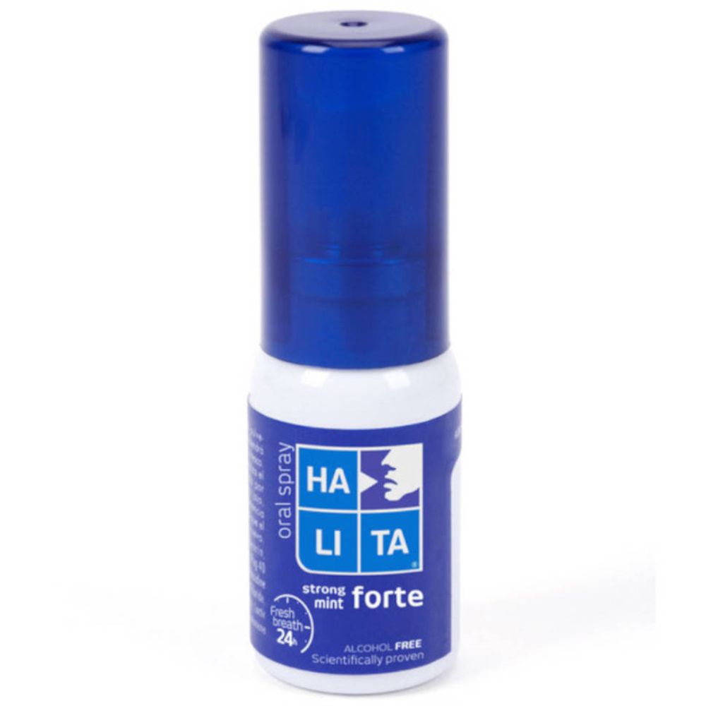 Spray buccal avec bouchon bleu. Inscription: HA LI TA forte, strong mint, 24h Fresh Breath, sans alcool.