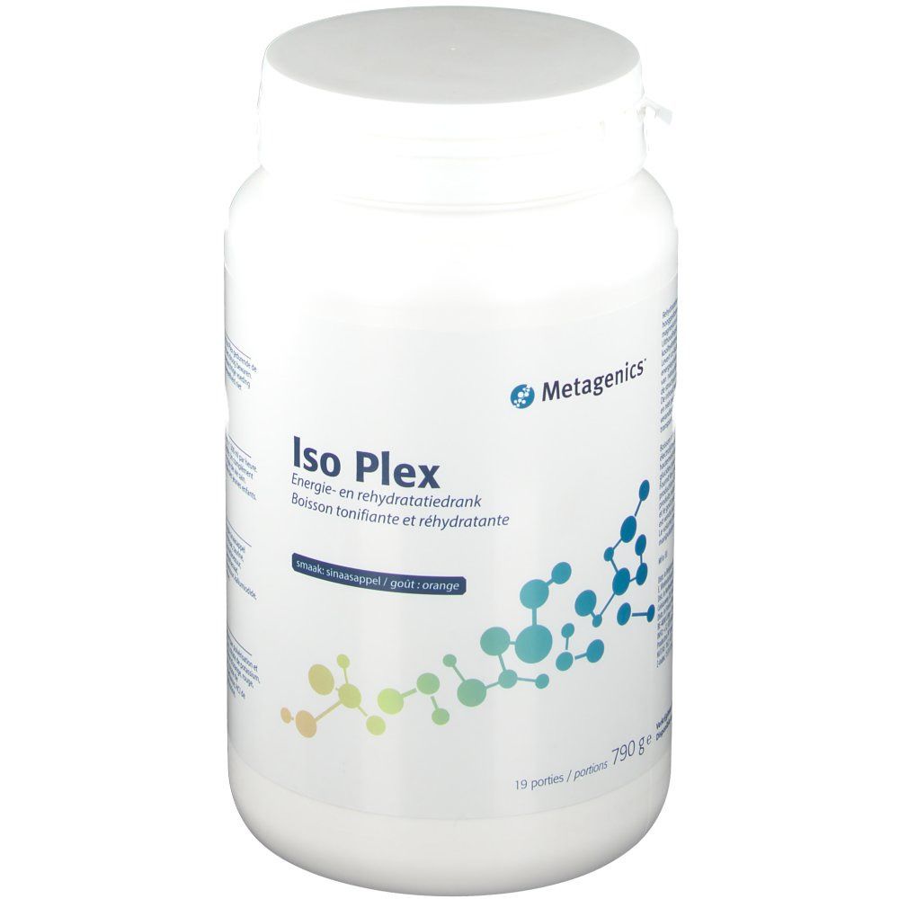 Witte pot met deksel. Opschrift: Iso Plex, Energie-en rehydratatiedrank. Metagenics logo. 790g.