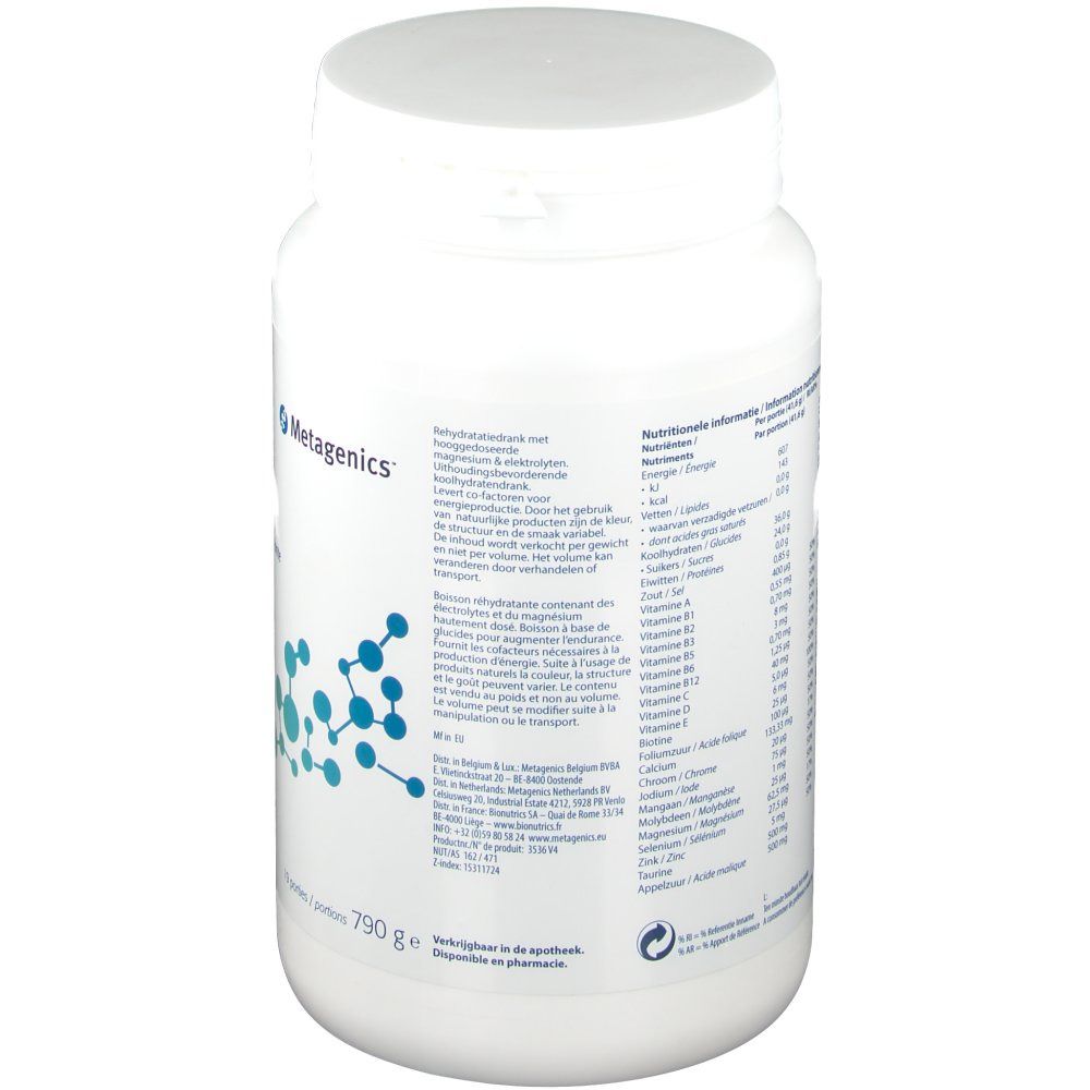 Achterkant van de witte pot. Tekst met voedingswaarde-informatie en ingrediënten. Metagenics logo. 790g.