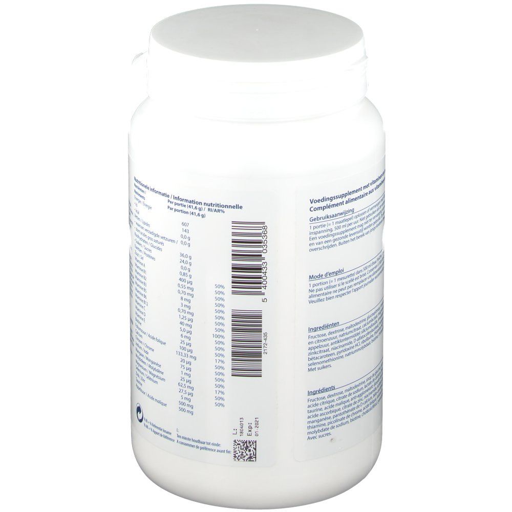 Achteraanzicht van de witte pot. Tekst met voedingswaarde-informatie en ingrediënten. Barcode. 790g.