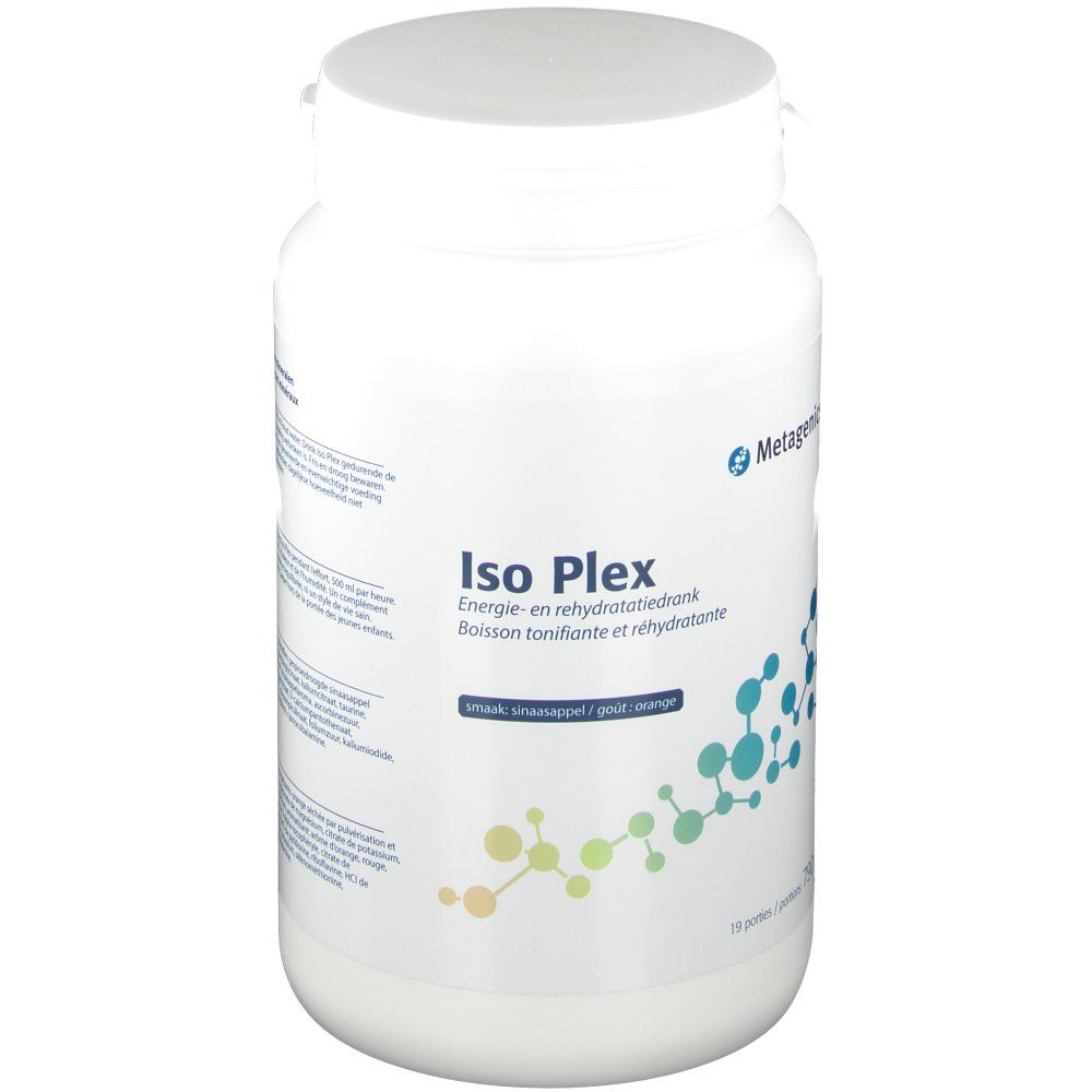Witte pot met deksel. Opschrift: Iso Plex, Energie-en rehydratatiedrank. Metagenics logo. 19 porties.