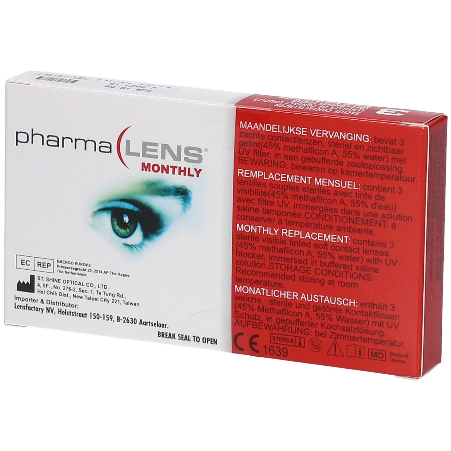 PharmaLens Monthly Linsen-Verpackung. Weiße Schachtel mit Produktinformationen und Augenabbildung. Enthält 3 Kontaktlinsen. CE-Kennzeichnung.