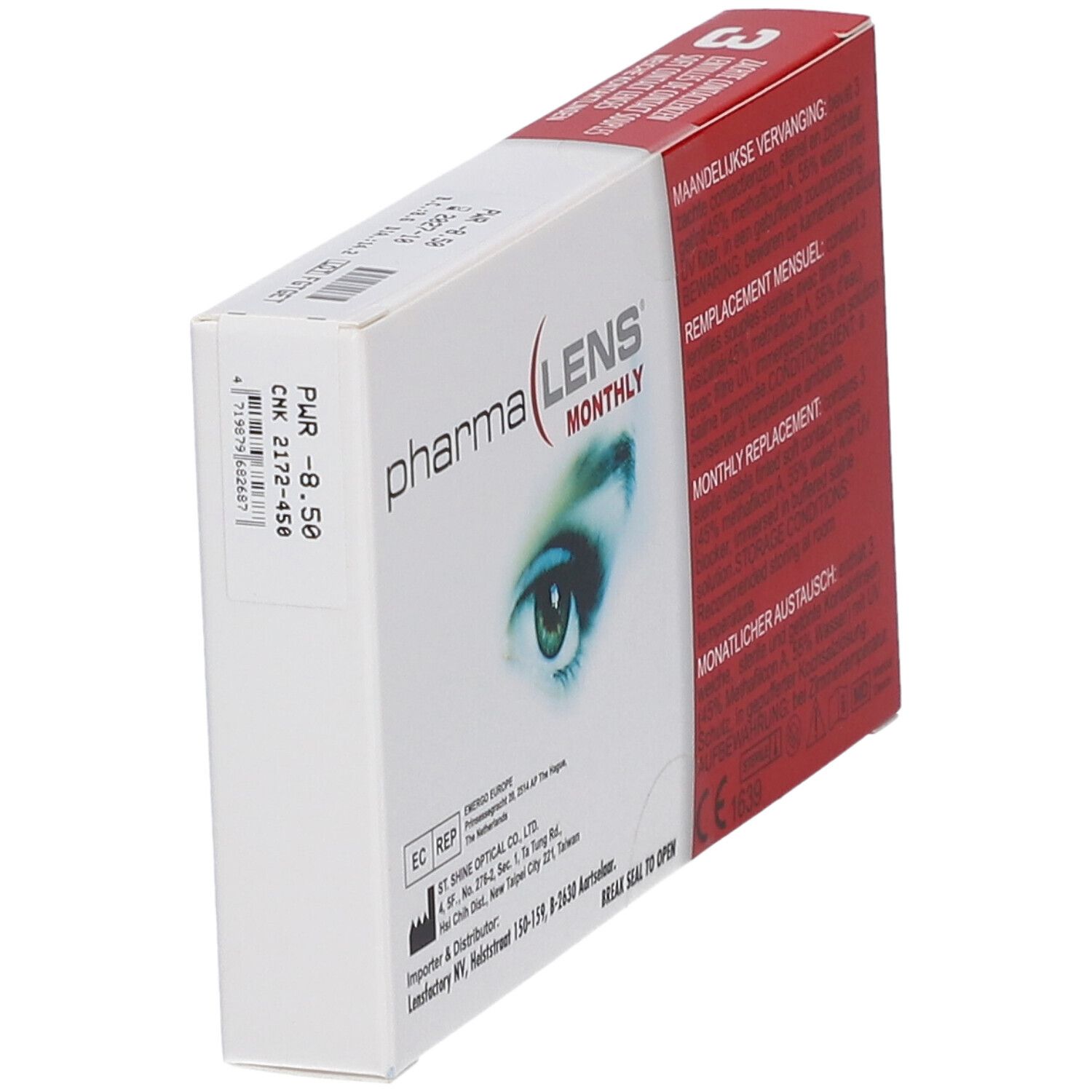 PharmaLens Monthly Linsen-Verpackung. Weiße Schachtel mit Produktinformationen und Augenabbildung. Dioptrie -8.50. Enthält 3 Kontaktlinsen.