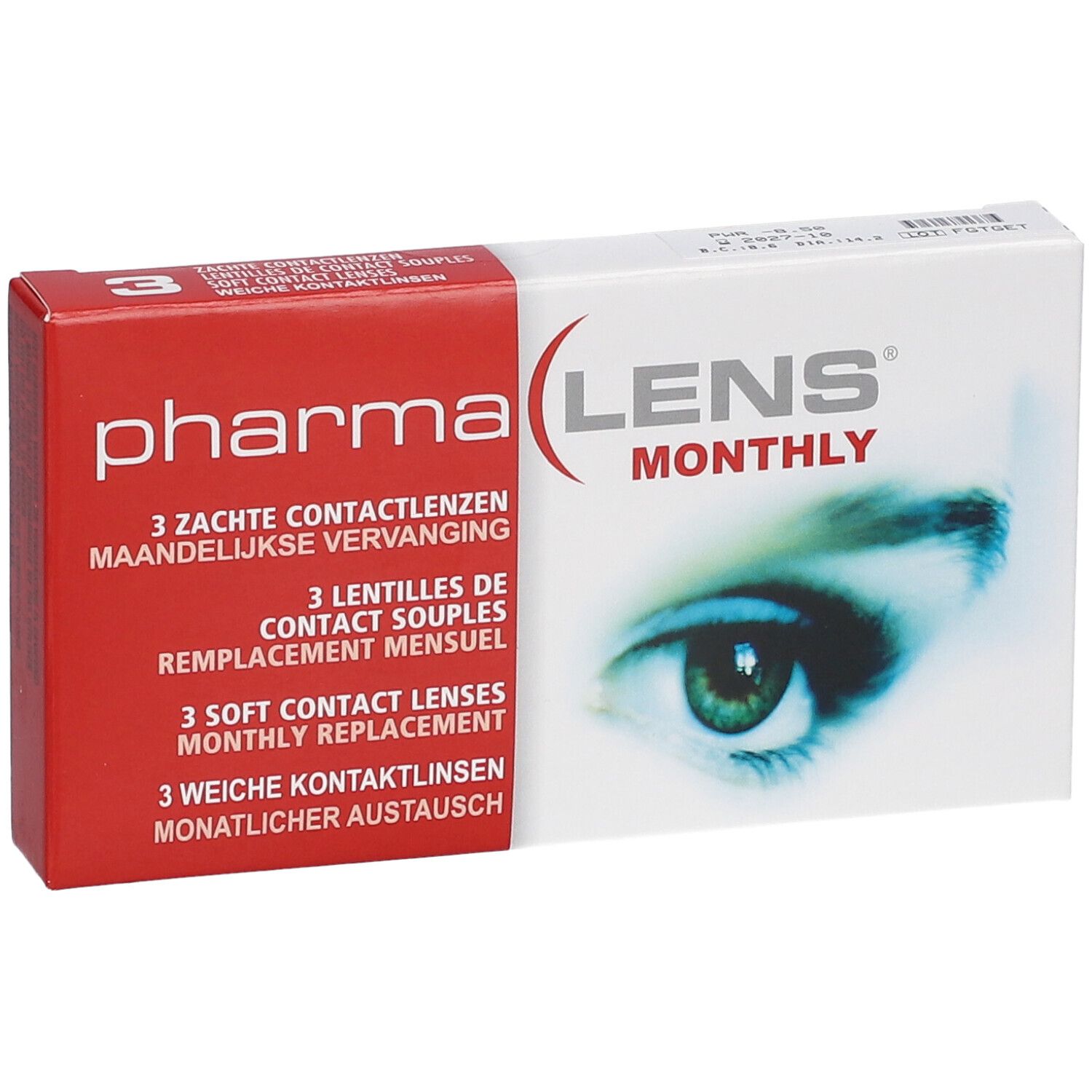 PharmaLens Monthly Linsen-Verpackung. Rote und weiße Schachtel mit Produktnamen und Augenabbildung. Enthält 3 Kontaktlinsen.