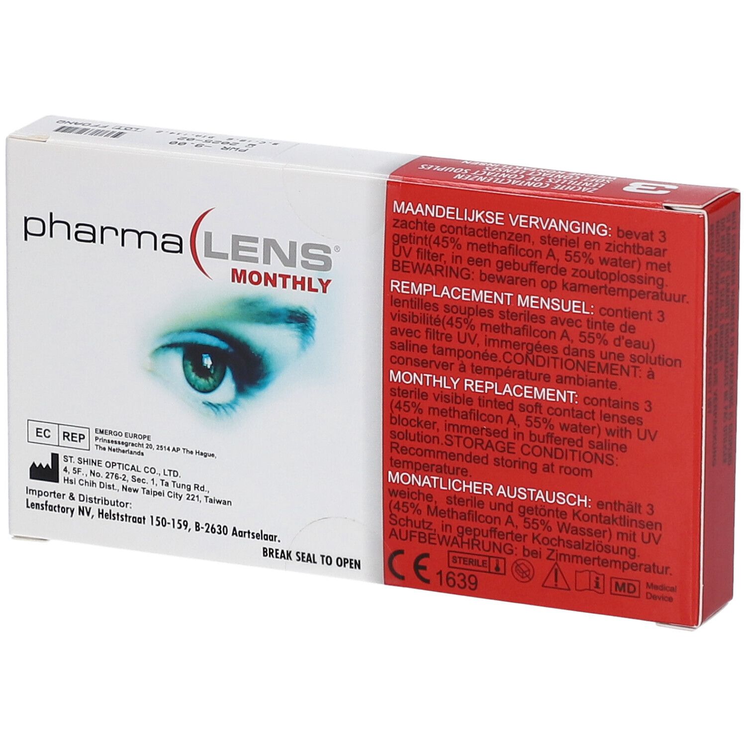 PharmaLens Monatslinsen-Verpackung. Weiße Schachtel mit roter Seite, Produktinformationen und einem Auge. Enthält 3 Kontaktlinsen.