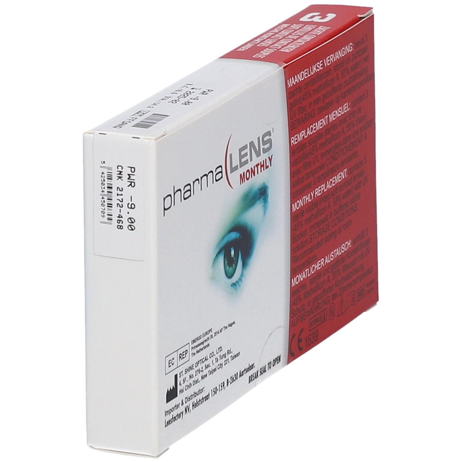 PharmaLens Monatslinsen-Verpackung. Weiße Schachtel mit roter Seite, Produktinformationen und einem Auge. Dioptrie -9.00.