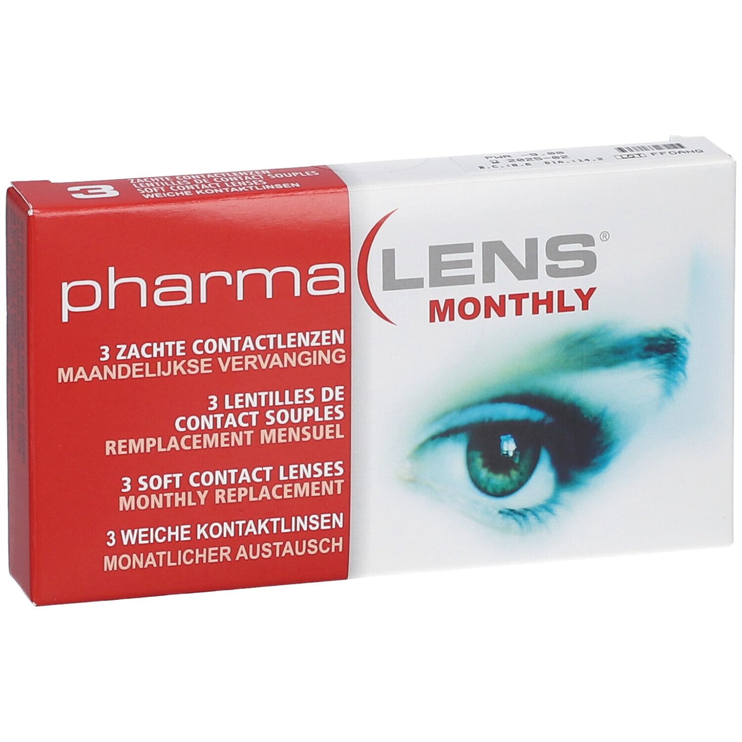 PharmaLens Monatslinsen-Verpackung. Rote und weiße Schachtel mit Produktinformationen und einem Auge. Enthält 3 Kontaktlinsen.