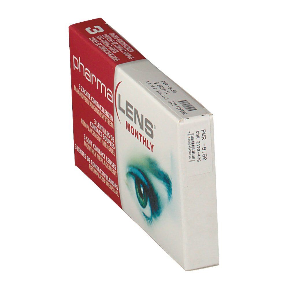 Boîte de lentilles PharmaLens Monthly en biais. Emballage rouge et blanc avec informations.