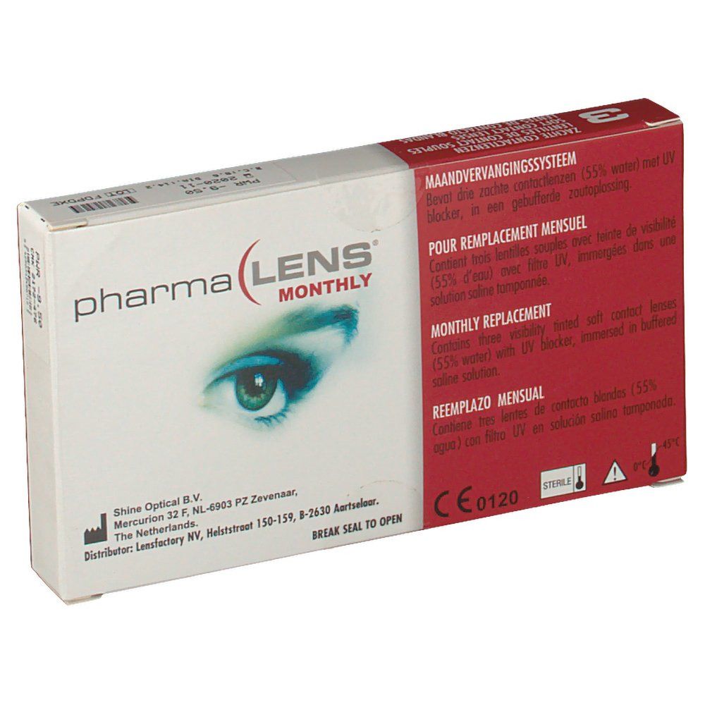Boîte de lentilles PharmaLens Monthly. Boîte blanche avec informations et un œil, marquage CE.