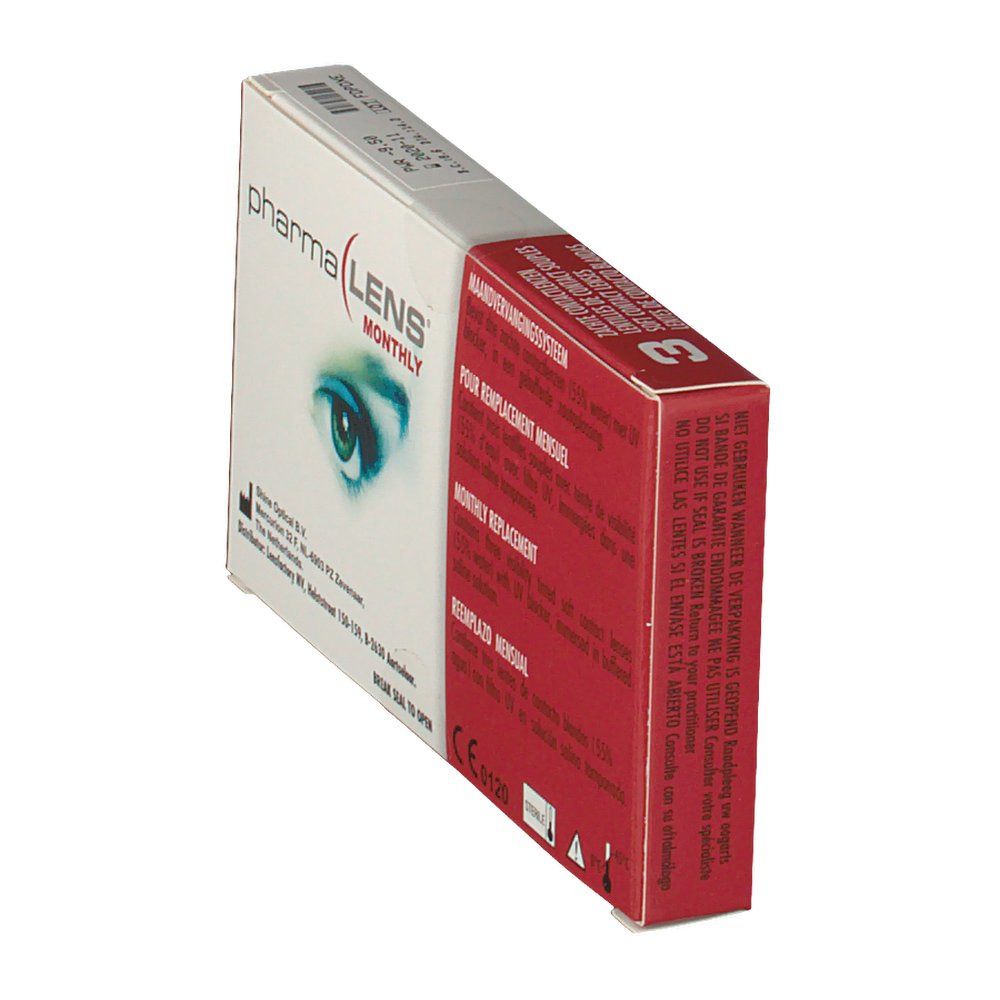 Boîte de lentilles PharmaLens Monthly en biais. Boîte blanche avec informations.