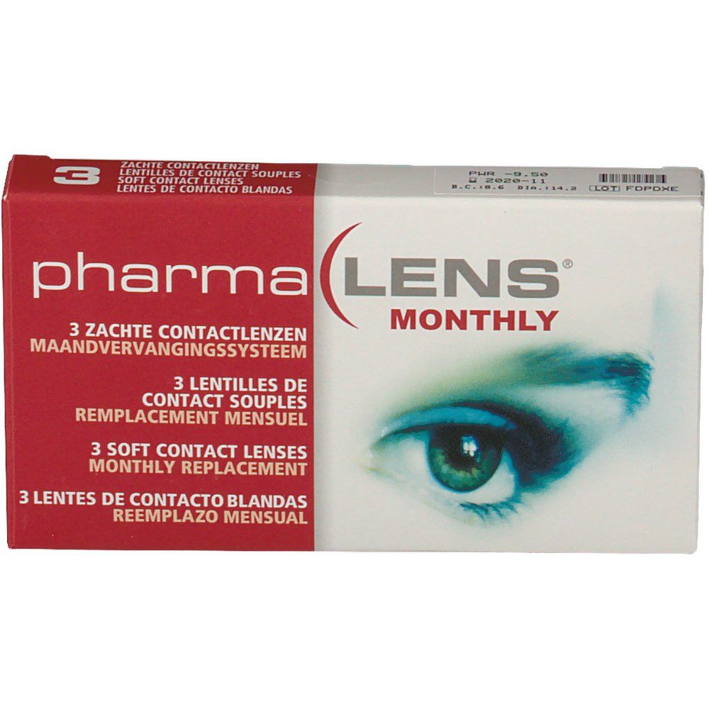 Boîte de lentilles de contact PharmaLens Monthly. Emballage rouge et blanc avec informations et un œil.
