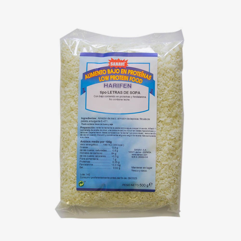Transparante zak Sanavi Harifen pasta. Blauw en wit label met tekst. Inhoud: pasta voor soep.